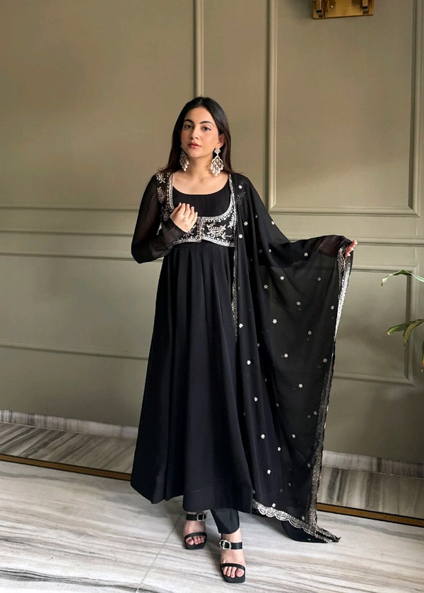 PURE FOX GEORGETTE FABRIC FULLY FLARE ANARKALI WITH KOTI,DUPATTA SET,PENT READY TO WEAR•KB-299 - Black, XXL