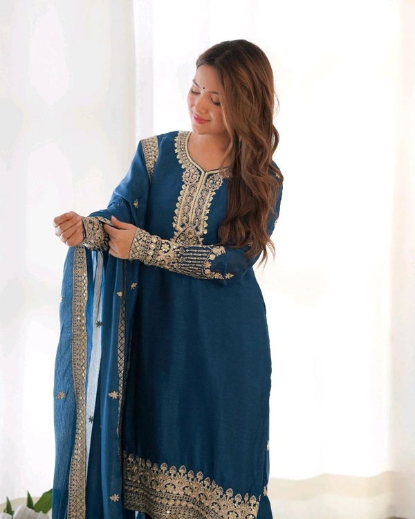 PURE CHINON SILK FABRIC STRAIGHT FIT KURTA WITH DUPPTA SET,TROUSERS,READY TO WEAR•KB-298 - Chathams Blue, S