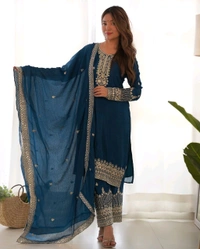 PURE CHINON SILK FABRIC STRAIGHT FIT KURTA WITH DUPPTA SET,TROUSERS,READY TO WEAR•KB-298 - Chathams Blue, S