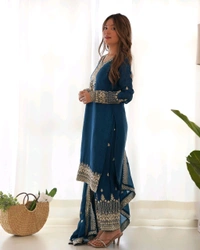 PURE CHINON SILK FABRIC STRAIGHT FIT KURTA WITH DUPPTA SET,TROUSERS,READY TO WEAR•KB-298 - Chathams Blue, S