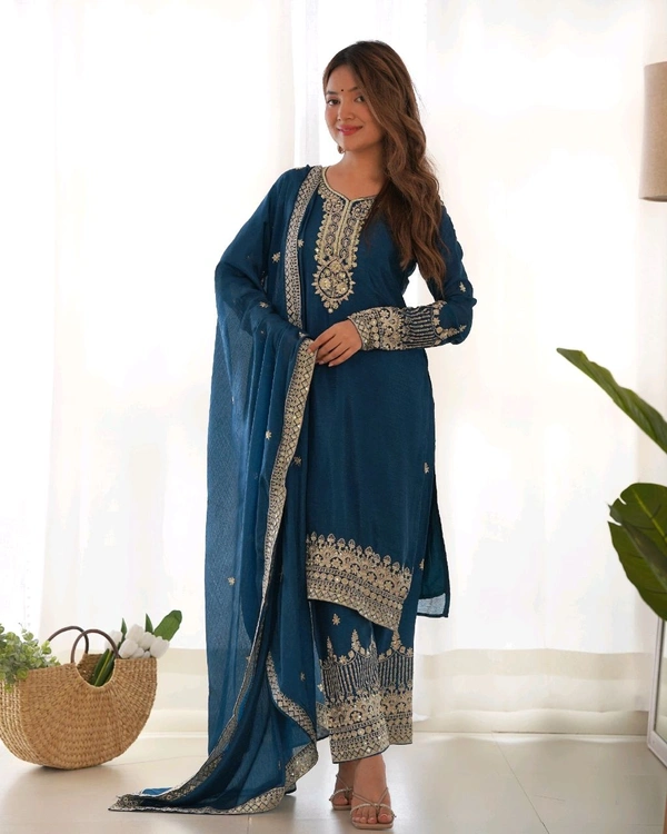 PURE CHINON SILK FABRIC STRAIGHT FIT KURTA WITH DUPPTA SET,TROUSERS,READY TO WEAR•KB-298 - Chathams Blue, XXL