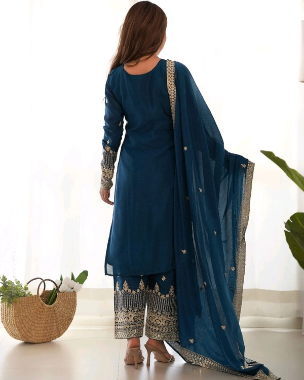 PURE CHINON SILK FABRIC STRAIGHT FIT KURTA WITH DUPPTA SET,TROUSERS,READY TO WEAR•KB-298 - Chathams Blue, XXL