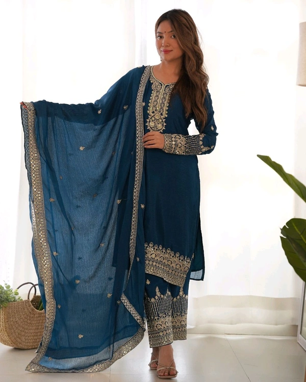 PURE CHINON SILK FABRIC STRAIGHT FIT KURTA WITH DUPPTA SET,TROUSERS,READY TO WEAR•KB-298 - Chathams Blue, XXL