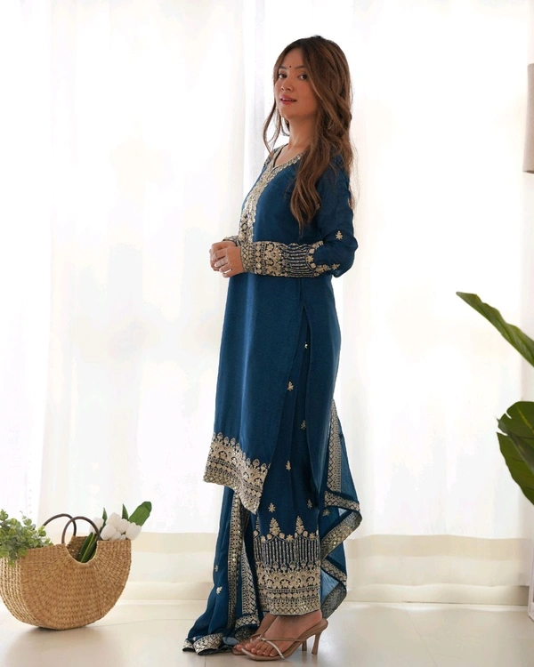 PURE CHINON SILK FABRIC STRAIGHT FIT KURTA WITH DUPPTA SET,TROUSERS,READY TO WEAR•KB-298 - Chathams Blue, XXL