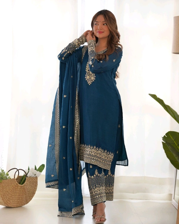 PURE CHINON SILK FABRIC STRAIGHT FIT KURTA WITH DUPPTA SET,TROUSERS,READY TO WEAR•KB-298 - Chathams Blue, XXL