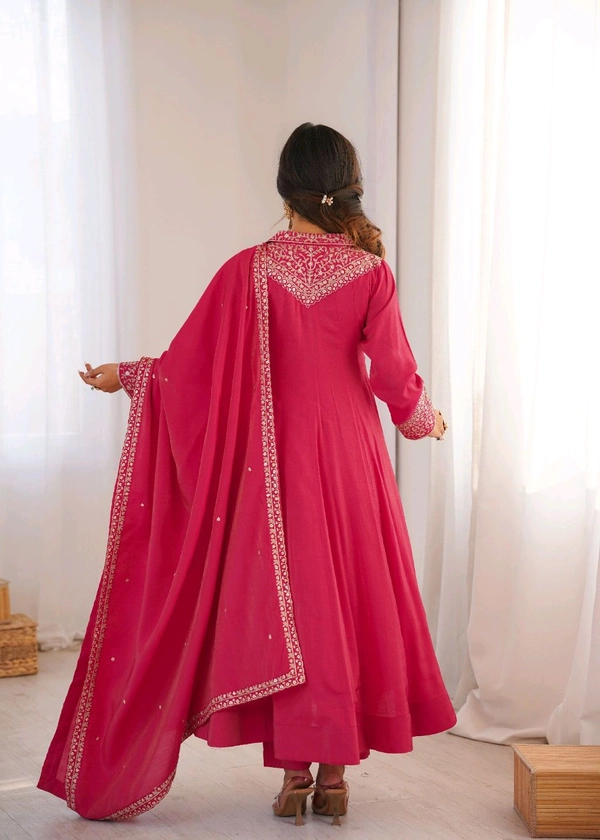 ROMAN SHIMMER SILK FABRIC FULLY FLARE ANARKALI,WITH DUPPTA SET,PENT READY TO WEAR•KB-294 - Dark pink, S