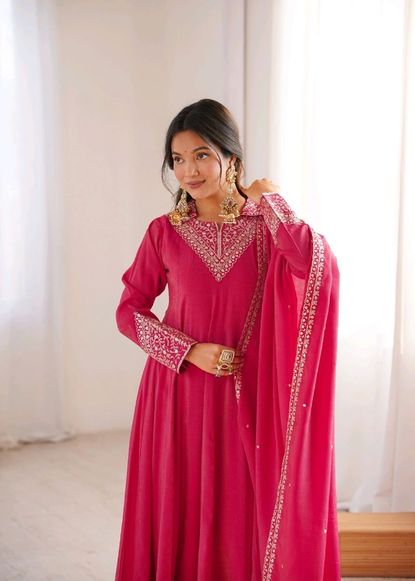 ROMAN SHIMMER SILK FABRIC FULLY FLARE ANARKALI,WITH DUPPTA SET,PENT READY TO WEAR•KB-294 - Dark pink, S