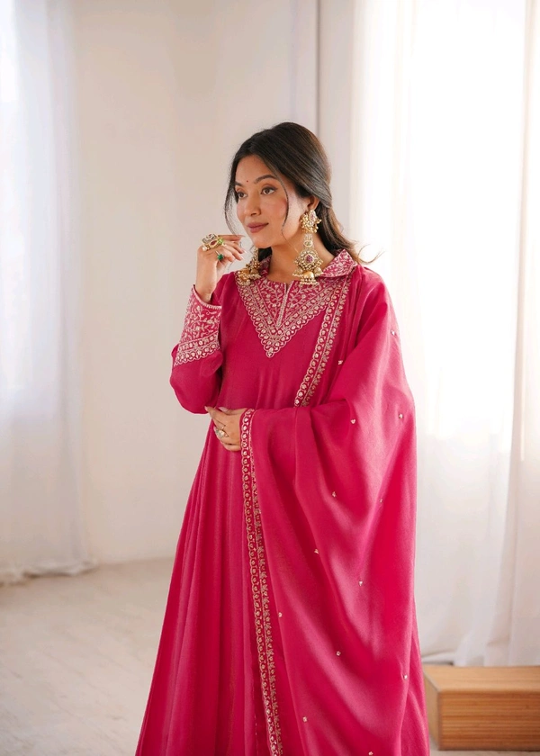 ROMAN SHIMMER SILK FABRIC FULLY FLARE ANARKALI,WITH DUPPTA SET,PENT READY TO WEAR•KB-294 - Dark pink, S