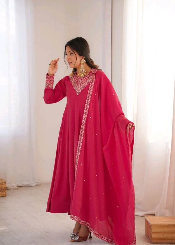 ROMAN SHIMMER SILK FABRIC FULLY FLARE ANARKALI,WITH DUPPTA SET,PENT READY TO WEAR•KB-294 - Dark pink, L