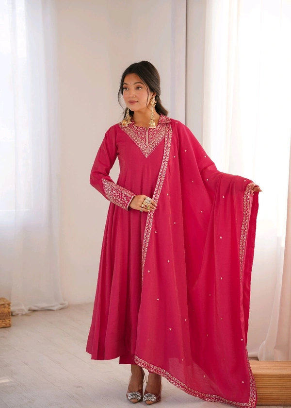 ROMAN SHIMMER SILK FABRIC FULLY FLARE ANARKALI,WITH DUPPTA SET,PENT READY TO WEAR•KB-294 - Dark pink, L