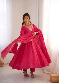 ROMAN SHIMMER SILK FABRIC FULLY FLARE ANARKALI,WITH DUPPTA SET,PENT READY TO WEAR•KB-294 - Dark pink, L