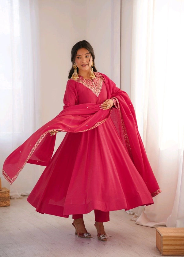 ROMAN SHIMMER SILK FABRIC FULLY FLARE ANARKALI,WITH DUPPTA SET,PENT READY TO WEAR•KB-294 - Dark pink, L