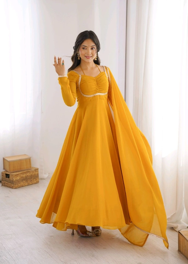 GEORGETTE ANARKALI GOWN DUPPTA FULL SET READY TO WEAR•KB-291
- Yellow, XL
