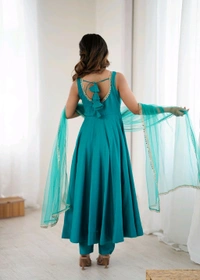 PURE ROMANSILK CHANDERI FABRIC FULLY FLARE ANARKALI,WITH DUPPTA SET,PENT READY TO WEAR•KB-285 - Eastern Blue, L