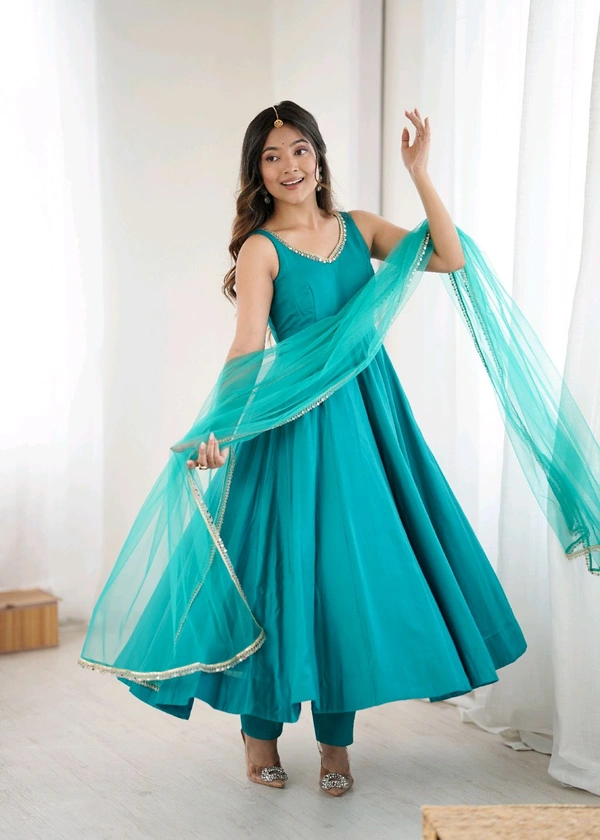 PURE ROMANSILK CHANDERI FABRIC FULLY FLARE ANARKALI,WITH DUPPTA SET,PENT READY TO WEAR•KB-285 - Eastern Blue, L