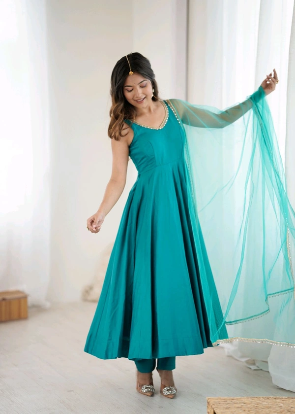 PURE ROMANSILK CHANDERI FABRIC FULLY FLARE ANARKALI,WITH DUPPTA SET,PENT READY TO WEAR•KB-285 - Eastern Blue, L