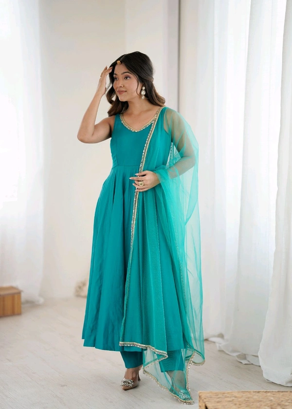 PURE ROMANSILK CHANDERI FABRIC FULLY FLARE ANARKALI,WITH DUPPTA SET,PENT READY TO WEAR•KB-285 - Eastern Blue, XL