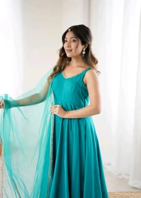PURE ROMANSILK CHANDERI FABRIC FULLY FLARE ANARKALI,WITH DUPPTA SET,PENT READY TO WEAR•KB-285 - Eastern Blue, XL