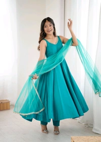 PURE ROMANSILK CHANDERI FABRIC FULLY FLARE ANARKALI,WITH DUPPTA SET,PENT READY TO WEAR•KB-285 - Eastern Blue, XL