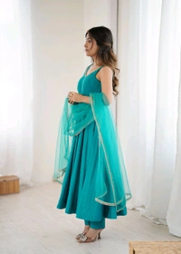 PURE ROMANSILK CHANDERI FABRIC FULLY FLARE ANARKALI,WITH DUPPTA SET,PENT READY TO WEAR•KB-285 - Eastern Blue, XL