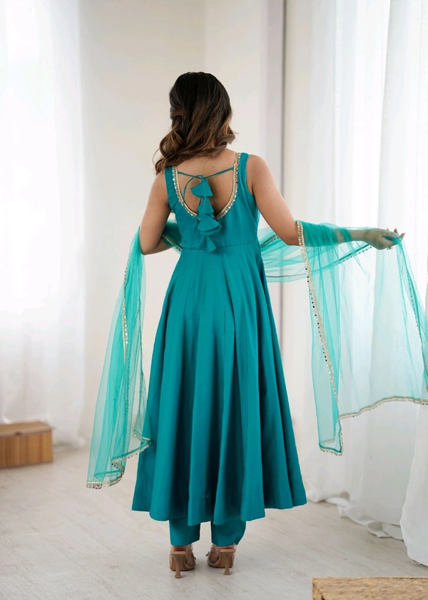 PURE ROMANSILK CHANDERI FABRIC FULLY FLARE ANARKALI,WITH DUPPTA SET,PENT READY TO WEAR•KB-285 - Eastern Blue, XXL