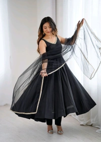 PURE ROMANSILK CHANDERI FABRIC FULLY FLARE ANARKALI,WITH DUPPTA SET,PENT READY TO WEAR•KB-285 - Black, S