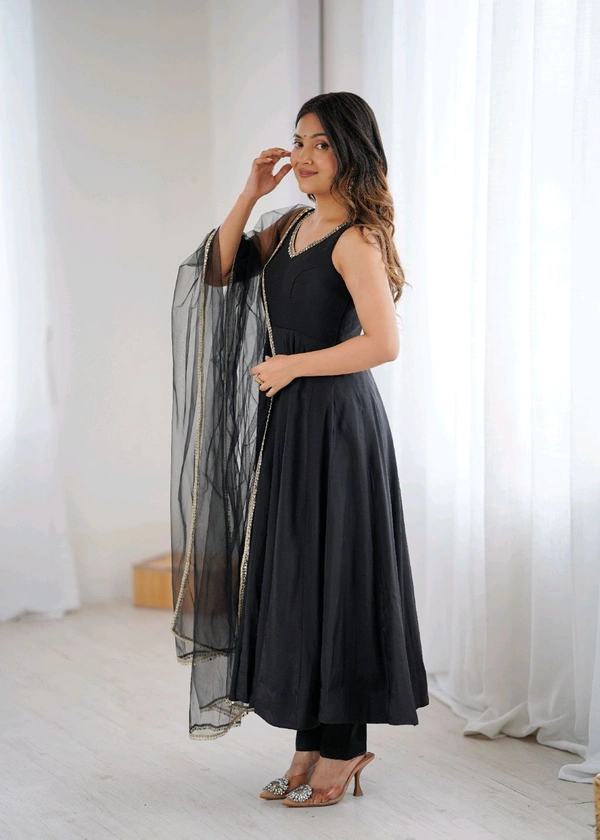 PURE ROMANSILK CHANDERI FABRIC FULLY FLARE ANARKALI,WITH DUPPTA SET,PENT READY TO WEAR•KB-285 - Black, S