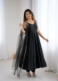 PURE ROMANSILK CHANDERI FABRIC FULLY FLARE ANARKALI,WITH DUPPTA SET,PENT READY TO WEAR•KB-285 - Black, M