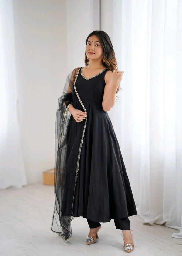 PURE ROMANSILK CHANDERI FABRIC FULLY FLARE ANARKALI,WITH DUPPTA SET,PENT READY TO WEAR•KB-285 - Black, L