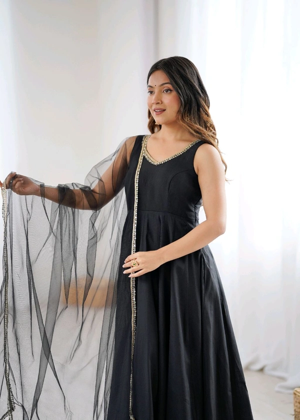 PURE ROMANSILK CHANDERI FABRIC FULLY FLARE ANARKALI,WITH DUPPTA SET,PENT READY TO WEAR•KB-285 - Black, XXL