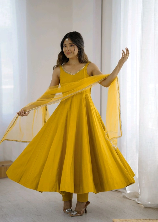 PURE ROMANSILK CHANDERI FABRIC FULLY FLARE ANARKALI,WITH DUPPTA SET,PENT READY TO WEAR•KB-285 - Yellow, S