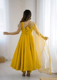 PURE ROMANSILK CHANDERI FABRIC FULLY FLARE ANARKALI,WITH DUPPTA SET,PENT READY TO WEAR•KB-285 - Yellow, M