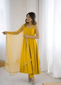 PURE ROMANSILK CHANDERI FABRIC FULLY FLARE ANARKALI,WITH DUPPTA SET,PENT READY TO WEAR•KB-285 - Yellow, M