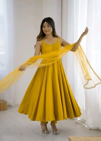 PURE ROMANSILK CHANDERI FABRIC FULLY FLARE ANARKALI,WITH DUPPTA SET,PENT READY TO WEAR•KB-285 - Yellow, M