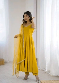 PURE ROMANSILK CHANDERI FABRIC FULLY FLARE ANARKALI,WITH DUPPTA SET,PENT READY TO WEAR•KB-285 - Yellow, M