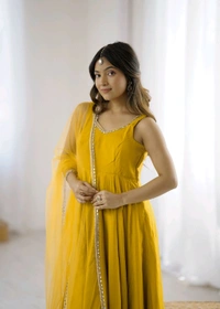 PURE ROMANSILK CHANDERI FABRIC FULLY FLARE ANARKALI,WITH DUPPTA SET,PENT READY TO WEAR•KB-285 - Yellow, XXL
