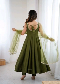 PURE ROMANSILK CHANDERI FABRIC FULLY FLARE ANARKALI,WITH DUPPTA SET,PENT READY TO WEAR•KB-285 - Mahendi, S
