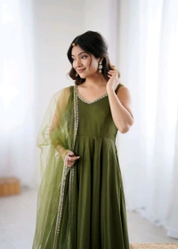 PURE ROMANSILK CHANDERI FABRIC FULLY FLARE ANARKALI,WITH DUPPTA SET,PENT READY TO WEAR•KB-285 - Mahendi, S