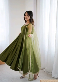 PURE ROMANSILK CHANDERI FABRIC FULLY FLARE ANARKALI,WITH DUPPTA SET,PENT READY TO WEAR•KB-285 - Mahendi, S