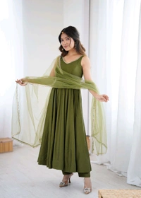 PURE ROMANSILK CHANDERI FABRIC FULLY FLARE ANARKALI,WITH DUPPTA SET,PENT READY TO WEAR•KB-285 - Mahendi, M