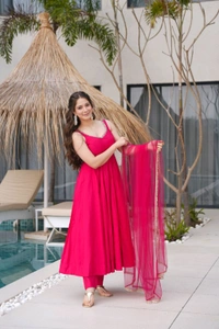 PURE ROMANSILK CHANDERI FABRIC FULLY FLARE ANARKALI,WITH DUPPTA SET,PENT READY TO WEAR•KB-285 - Pink, S