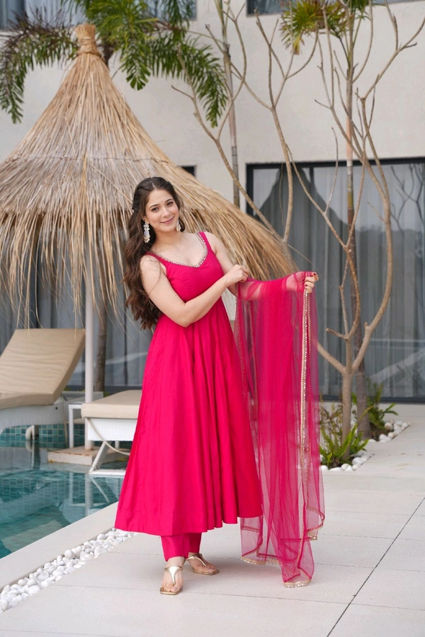 PURE ROMANSILK CHANDERI FABRIC FULLY FLARE ANARKALI,WITH DUPPTA SET,PENT READY TO WEAR•KB-285 - Pink, S