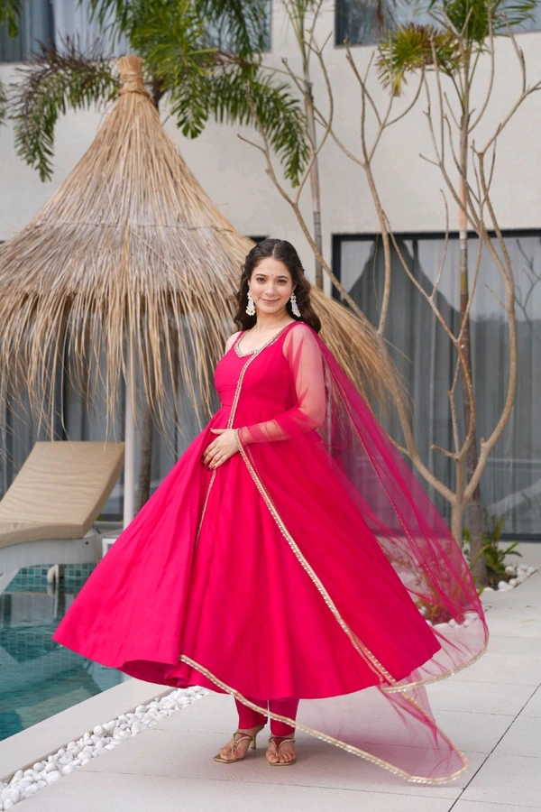 PURE ROMANSILK CHANDERI FABRIC FULLY FLARE ANARKALI,WITH DUPPTA SET,PENT READY TO WEAR•KB-285 - Pink, S