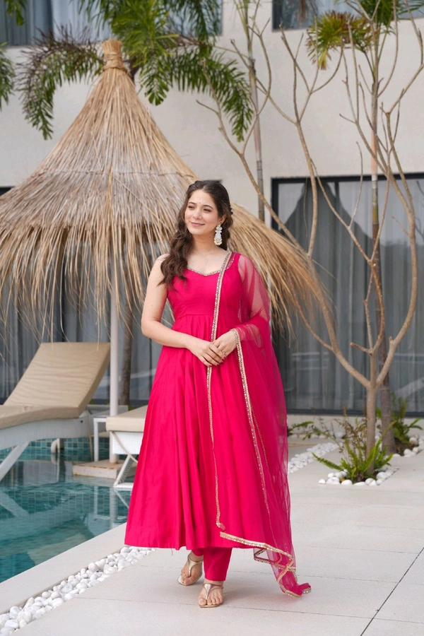 PURE ROMANSILK CHANDERI FABRIC FULLY FLARE ANARKALI,WITH DUPPTA SET,PENT READY TO WEAR•KB-285 - Pink, M
