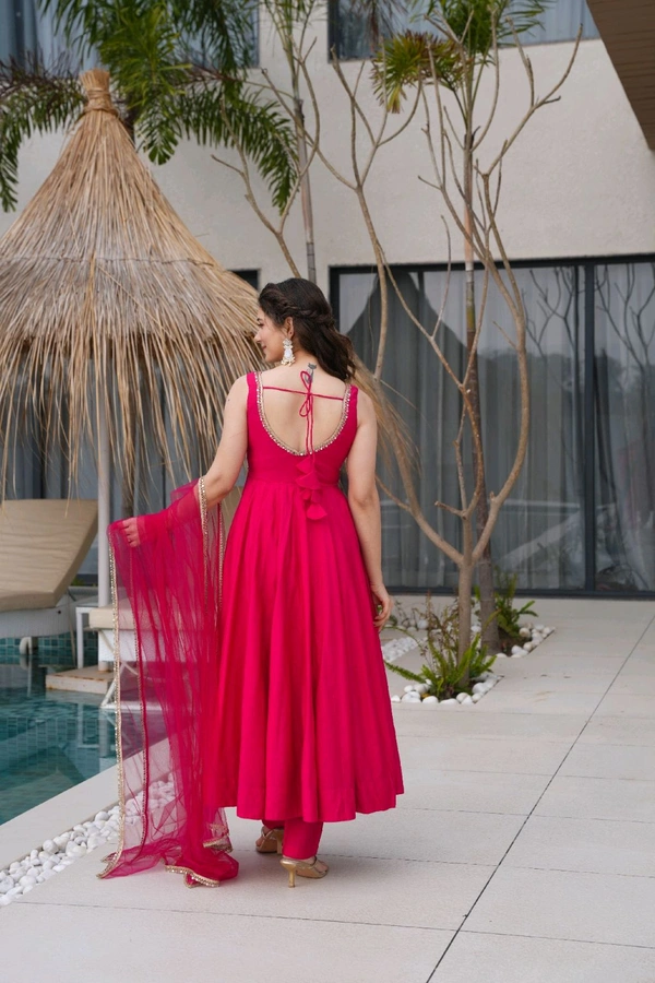 PURE ROMANSILK CHANDERI FABRIC FULLY FLARE ANARKALI,WITH DUPPTA SET,PENT READY TO WEAR•KB-285 - Pink, M