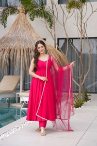 PURE ROMANSILK CHANDERI FABRIC FULLY FLARE ANARKALI,WITH DUPPTA SET,PENT READY TO WEAR•KB-285 - Pink, M