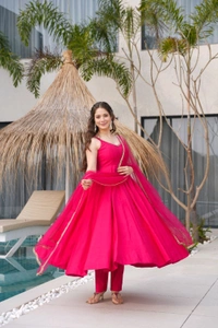 PURE ROMANSILK CHANDERI FABRIC FULLY FLARE ANARKALI,WITH DUPPTA SET,PENT READY TO WEAR•KB-285 - Pink, M