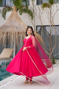 PURE ROMANSILK CHANDERI FABRIC FULLY FLARE ANARKALI,WITH DUPPTA SET,PENT READY TO WEAR•KB-285 - Pink, M