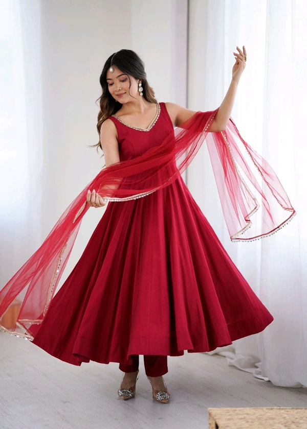 PURE ROMANSILK CHANDERI FABRIC FULLY FLARE ANARKALI,WITH DUPPTA SET,PENT READY TO WEAR•KB-285 - Red, S