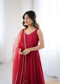 PURE ROMANSILK CHANDERI FABRIC FULLY FLARE ANARKALI,WITH DUPPTA SET,PENT READY TO WEAR•KB-285 - Red, S